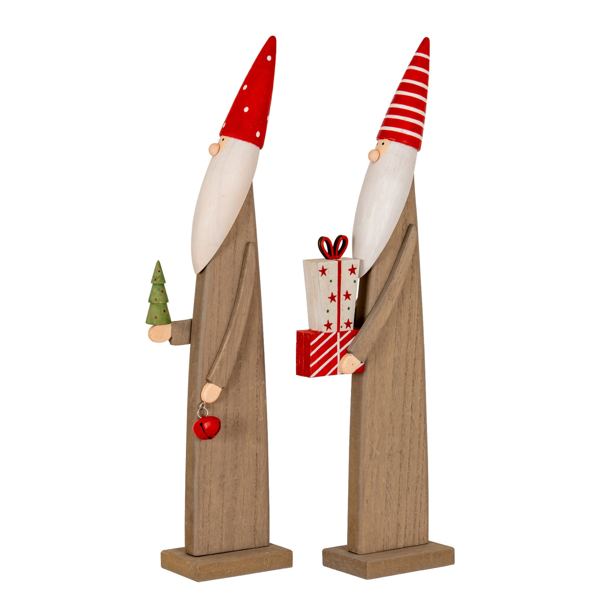 Wooden Festive Elf with Tree and Bell, side view