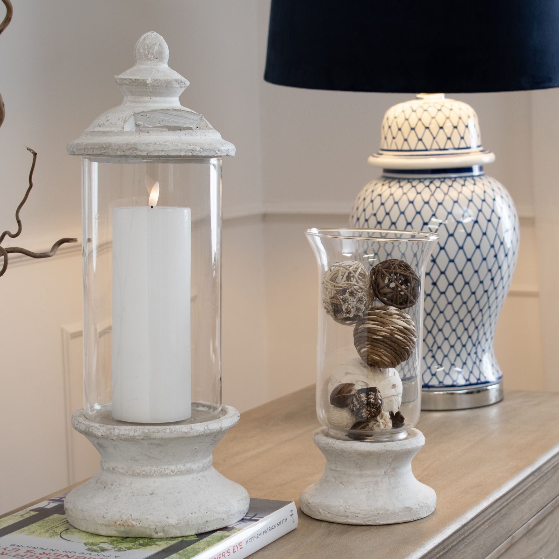 Stone Based Hurricane Lantern — detail close-up cream stone