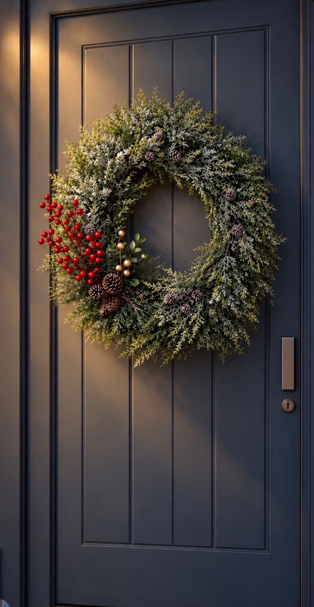 Artificial frosted pine door wreath with pinecones for Christmas