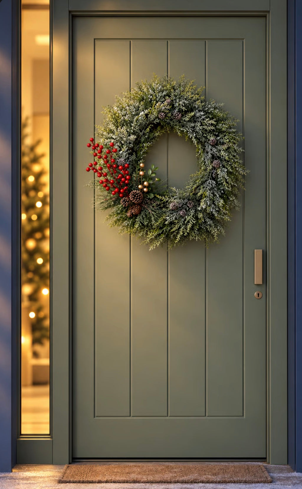 The Frosted Pine Door Wreath Set, an artificial frosted pine Christmas wreath with pinecones