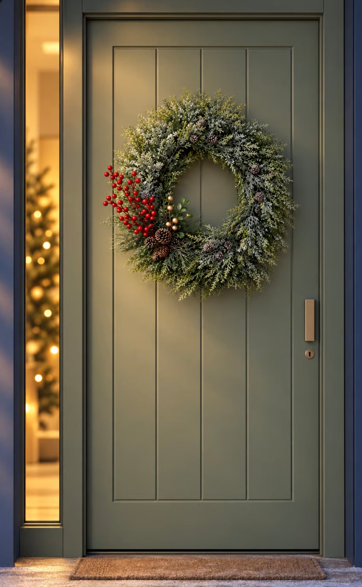 The Frosted Pine Door Wreath Set, an artificial frosted pine Christmas wreath with pinecones