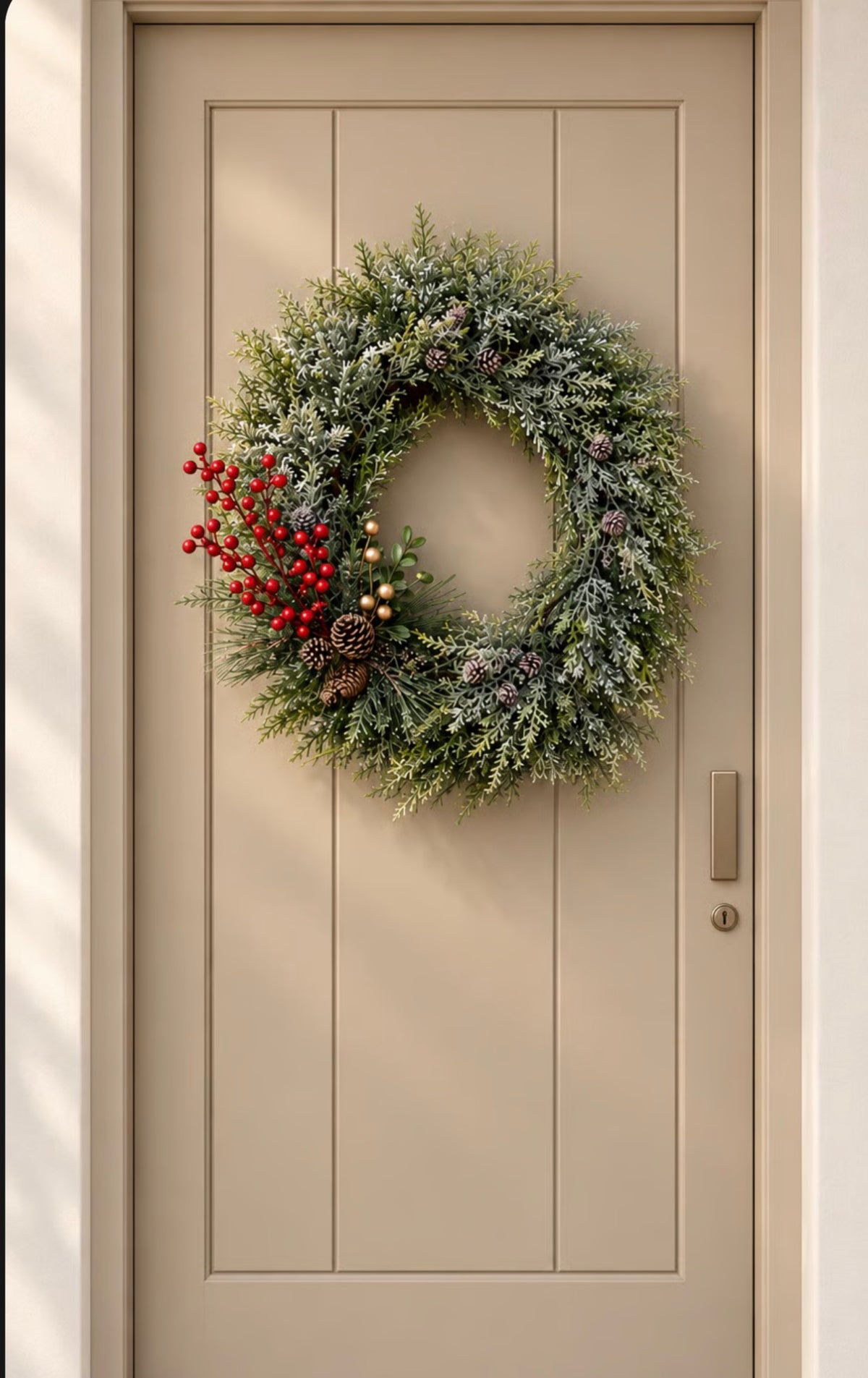 The artificial Frosted Pine Door Wreath Set styled for Christmas