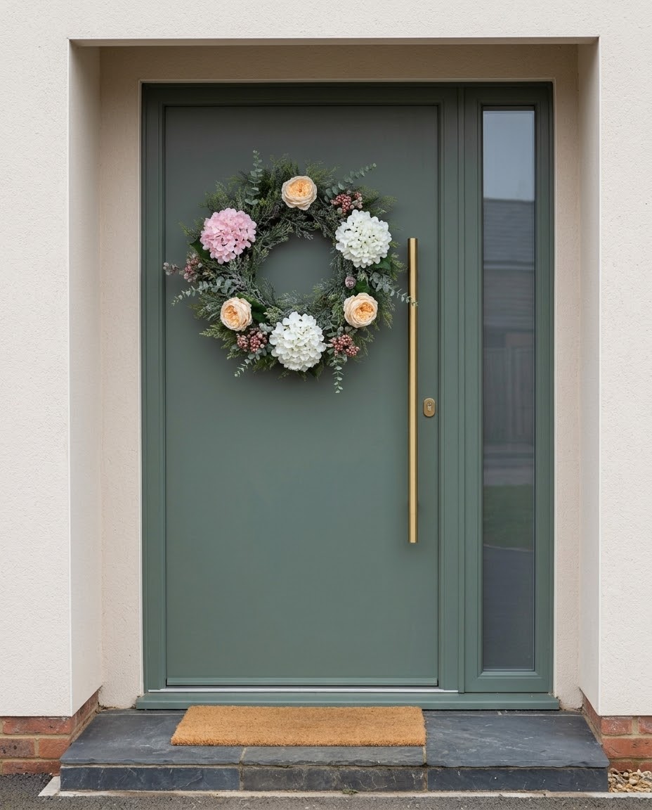 The Winter Bloom Door Wreath styled with the artificial flowers spread all round the ring