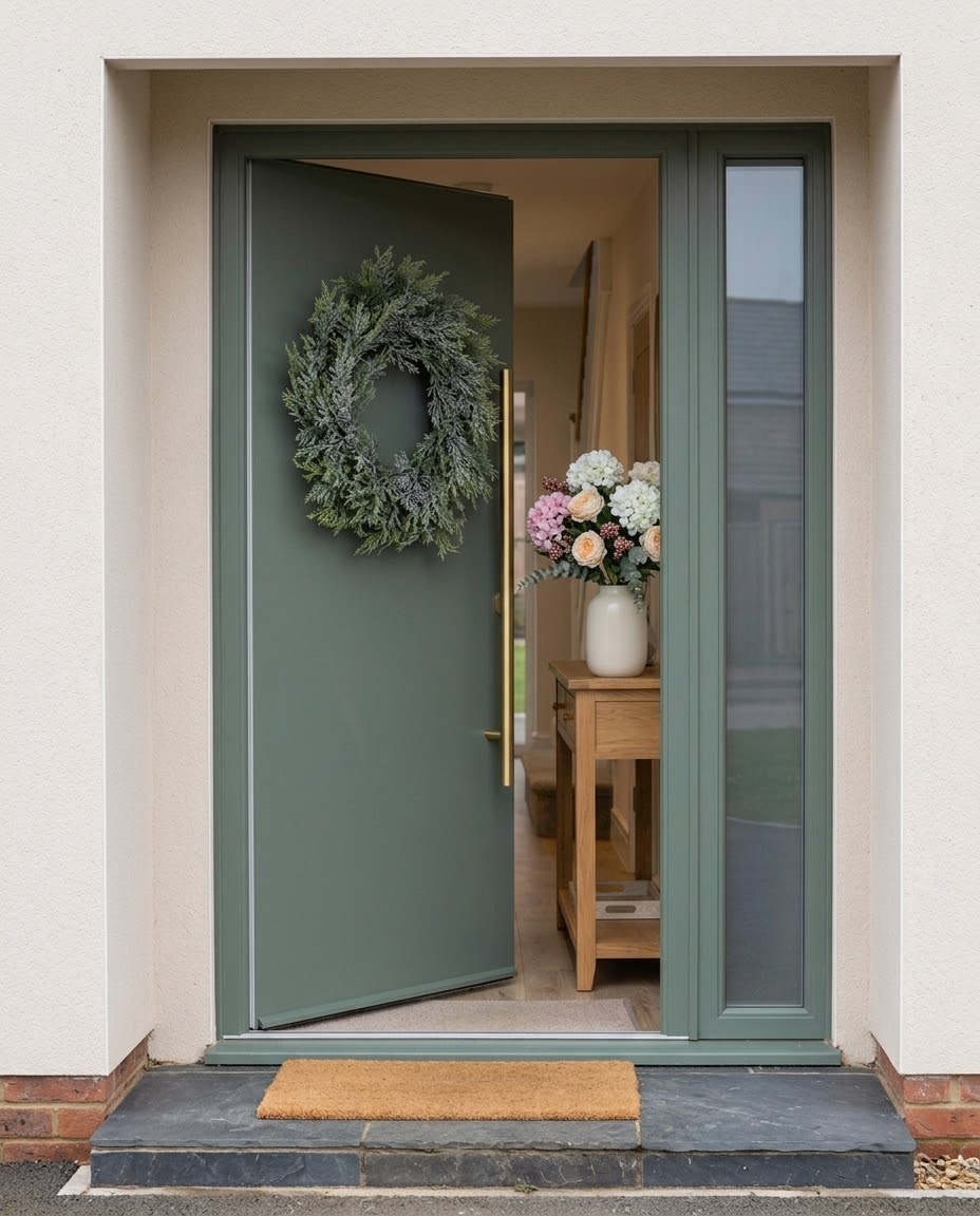 After Christmas, the artificial Winter Bloom flowers in a vase in the hallway with the plain pine wreath on the door