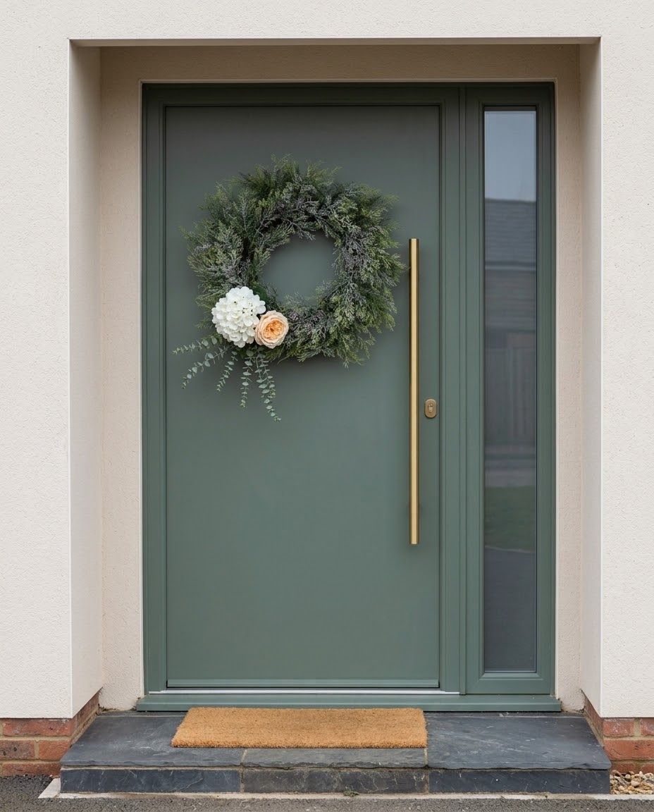 The Winter Bloom Door Wreath styled simply, with one artificial hydrangea, one rose and eucalyptus