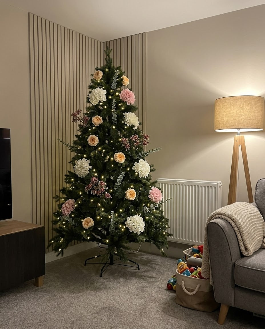 The artificial Winter Bloom Flower Christmas Tree in a modern living room with slat panelling