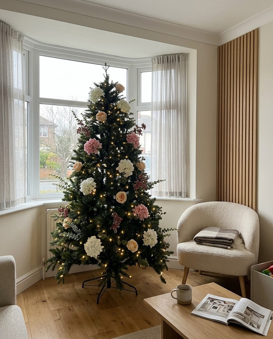 The Winter Bloom Flower Christmas Tree in a bright bay window, dressed with artificial blush roses, hydrangeas and eucalyptus