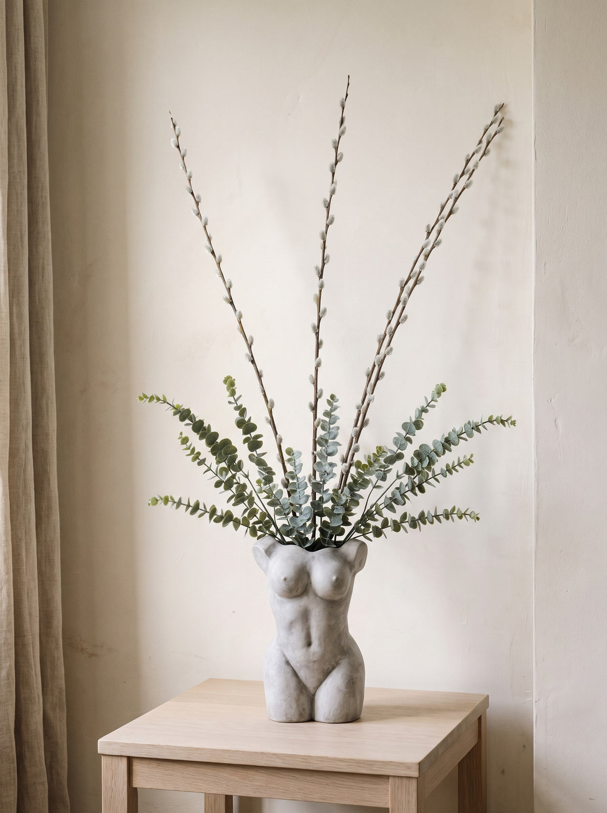 The Muse Willow Arrangement — female figure vase with pussy willow and gunnii eucalyptus