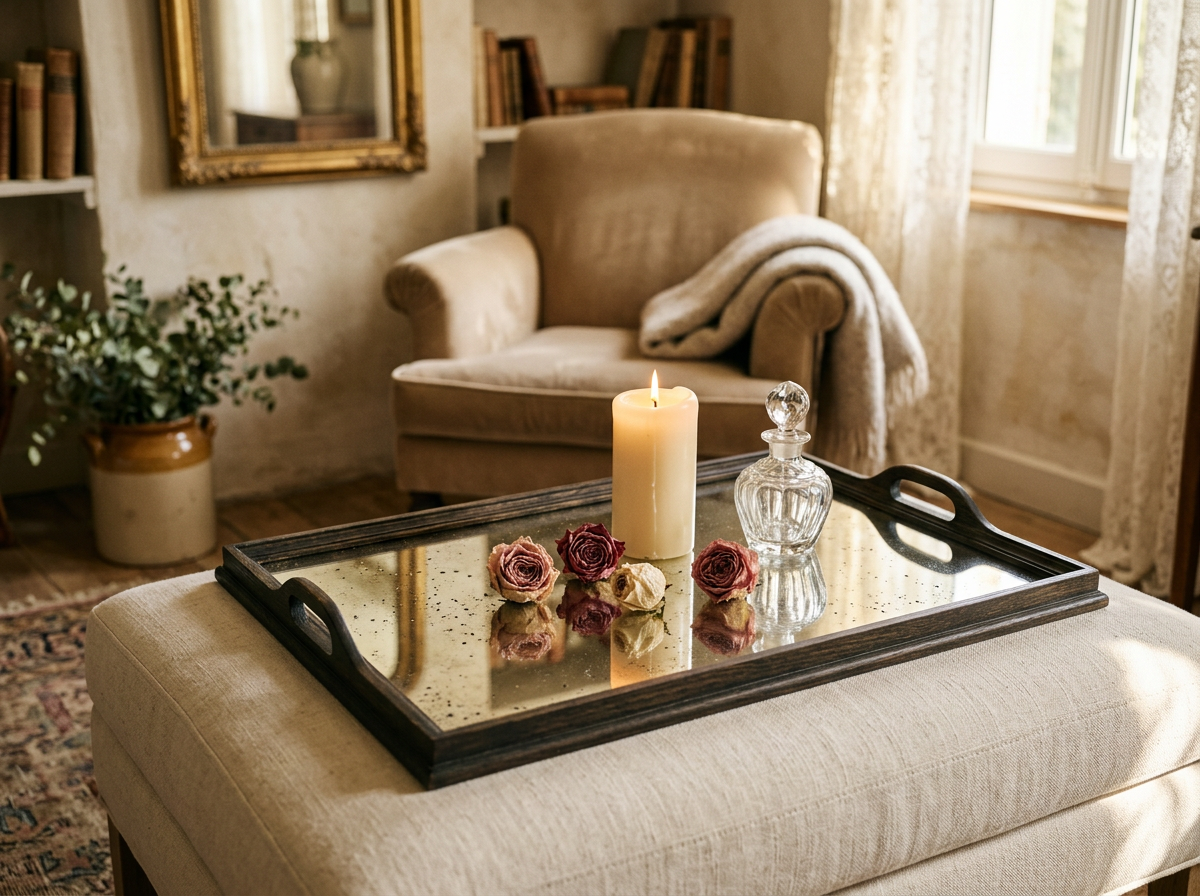 Astor Distressed Large Mirrored Tray With Wooden Detailing lifestyle