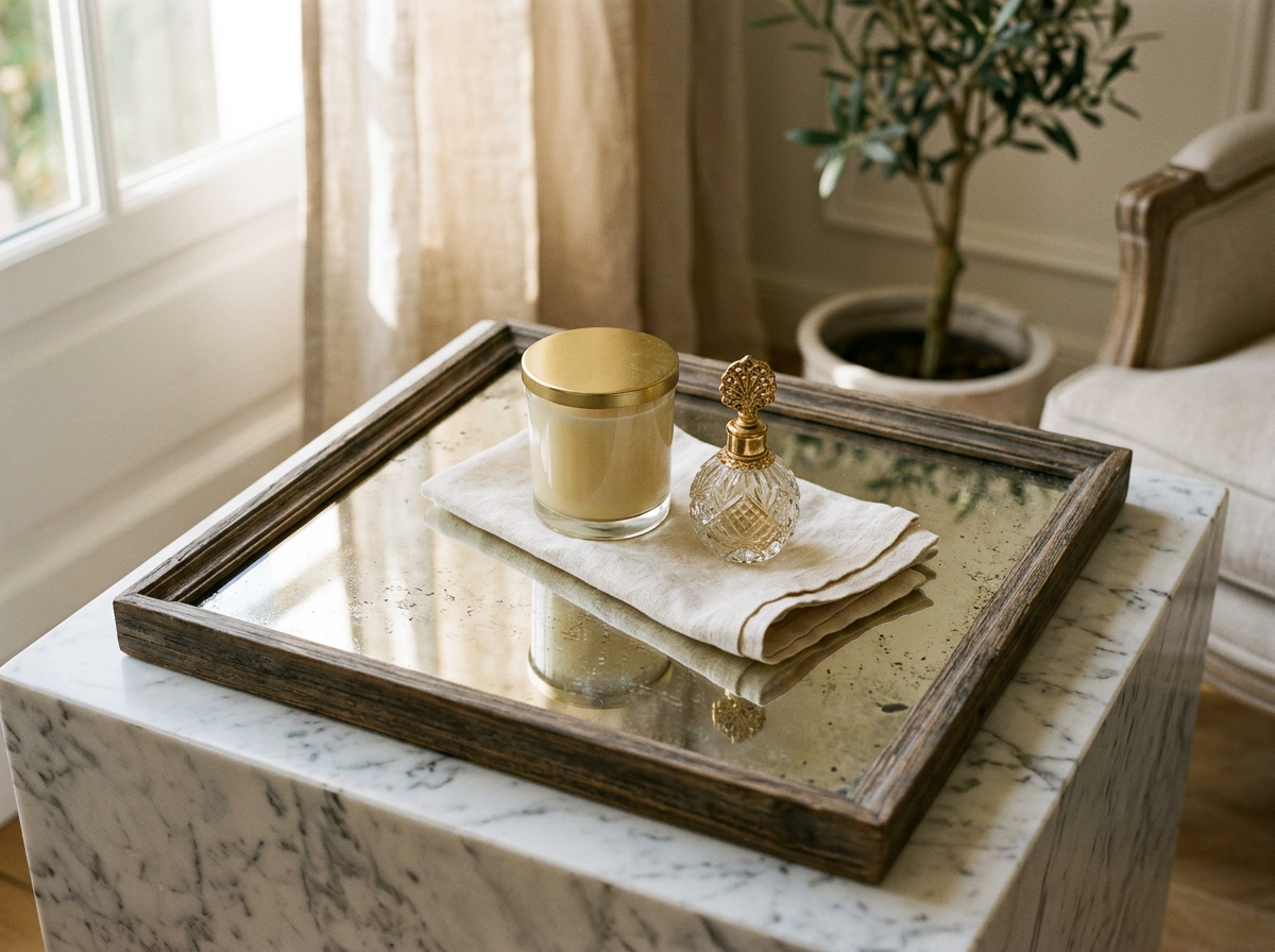 Astor Distressed Mirrored Square Tray W/Wooden Detailing Lge lifestyle