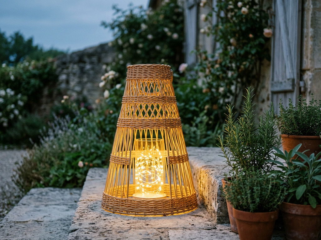 Large Conical Wicker Lantern With Glass Holder & LED Lights lifestyle