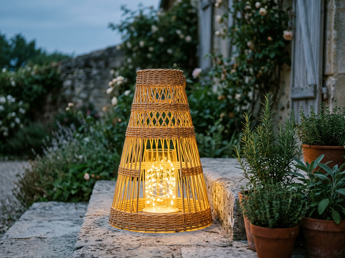Large Conical Wicker Lantern With Glass Holder & LED Lights lifestyle