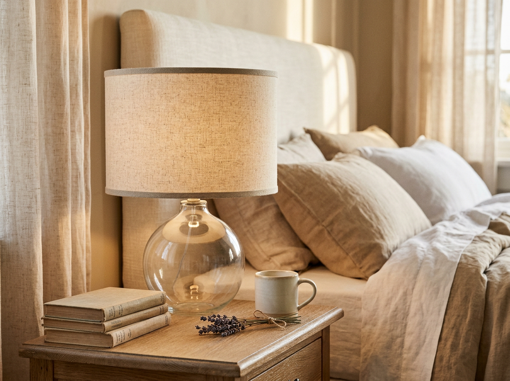 Lunel Glass Orb Table Lamp With Edged Linen Shade lifestyle