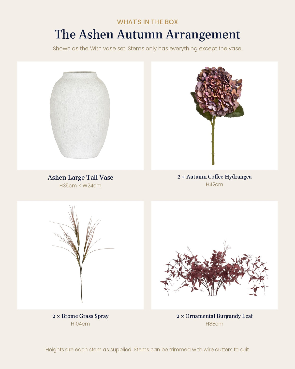 What's in the box for The Ashen Autumn Arrangement: each artificial stem and piece included, with sizes