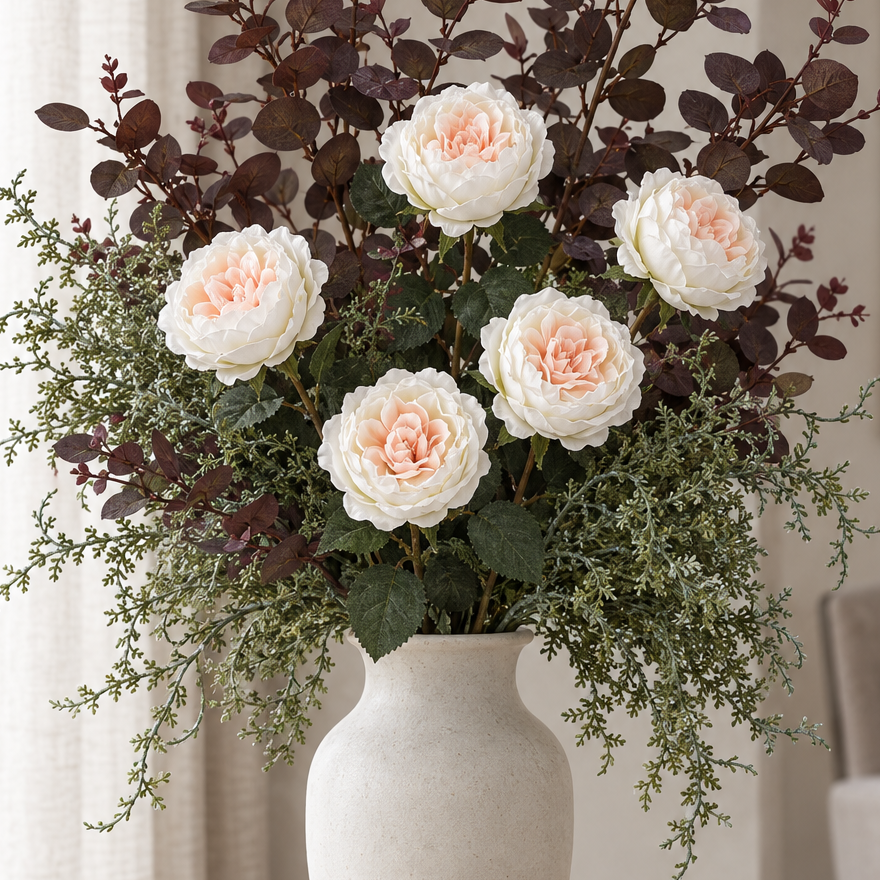 Close detail of pale blush roses, burgundy eucalyptus leaves and green fern in the Aurelia Blush Bouquet