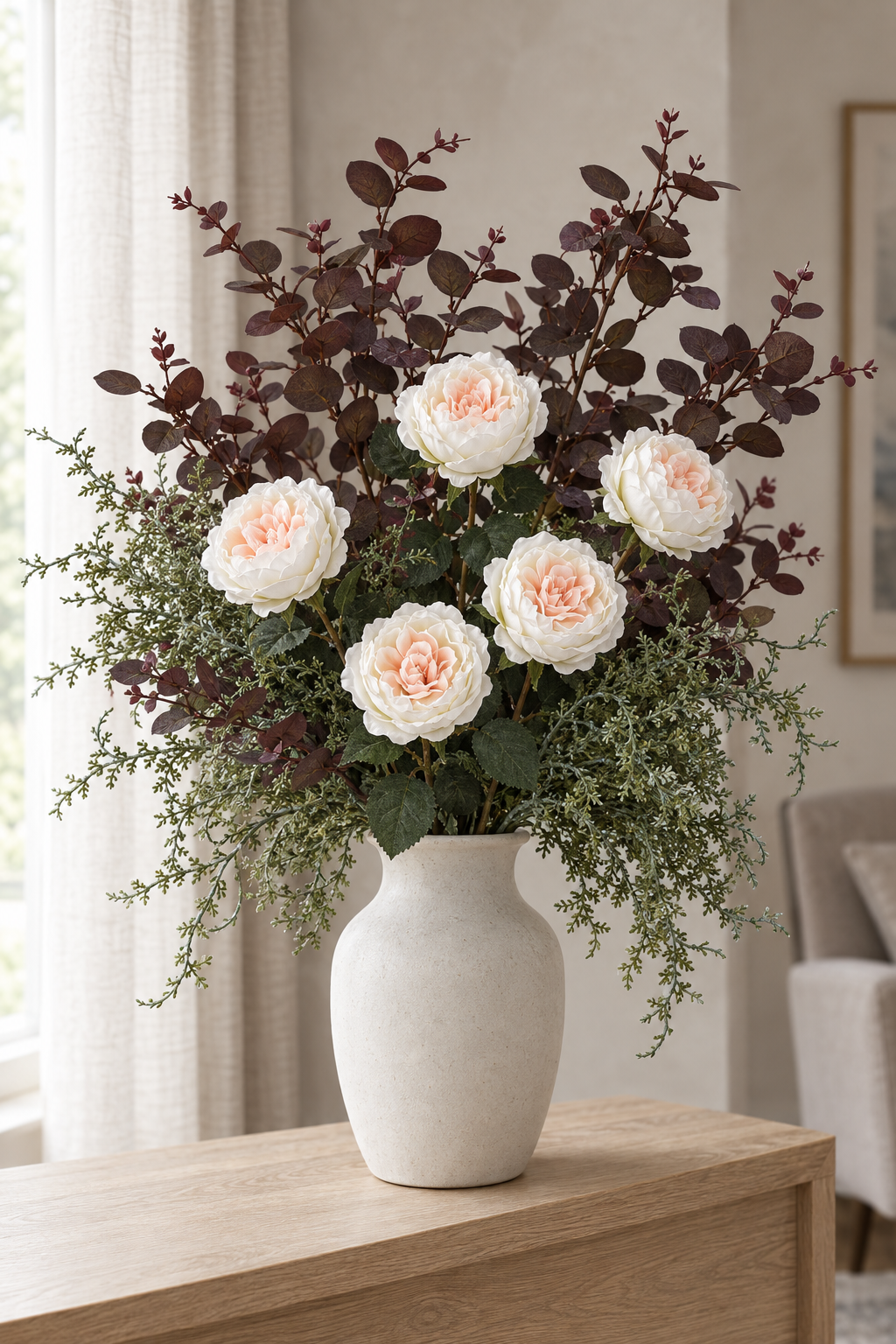 The Aurelia Blush Bouquet with five pale blush roses, burgundy eucalyptus and fine green fern in an ivory styling vase by a window; vase not included