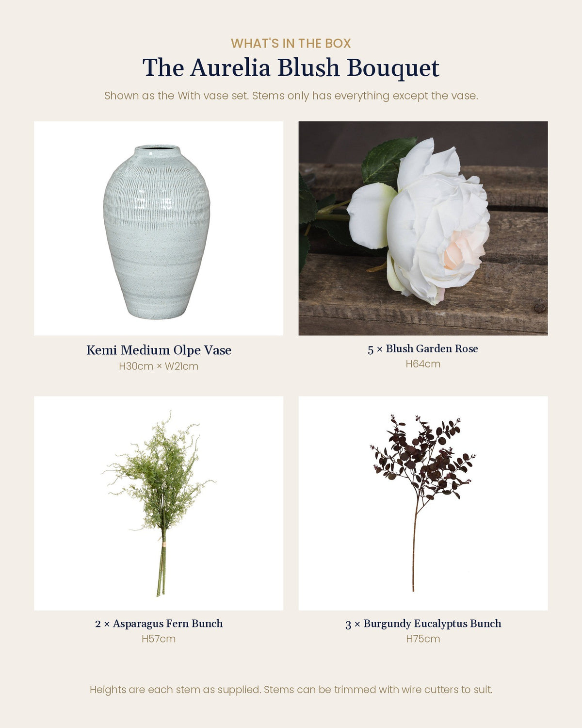 What's in the box for the Aurelia Blush Bouquet: Kemi Medium Olpe Vase, 5 blush garden roses, 2 asparagus fern bunches and 3 burgundy eucalyptus bunches