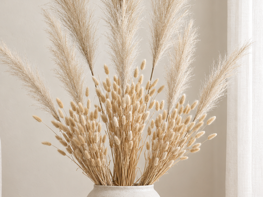 Close detail of the Bleached Meadow Bouquet showing fine bleached faux pampas fibres and the soft heads of natural dried bunny tails
