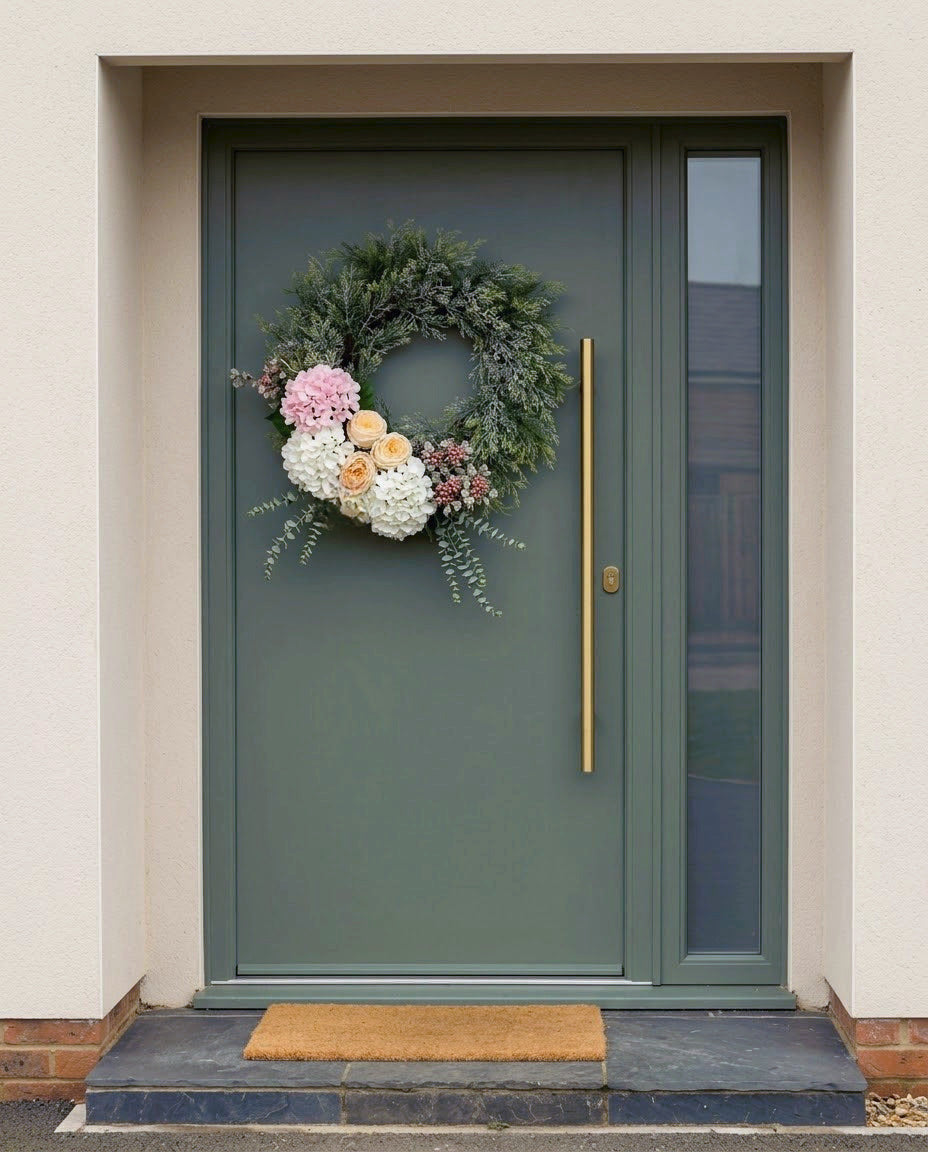 The Winter Bloom Door Wreath on a sage green front door, artificial flowers gathered at the lower left