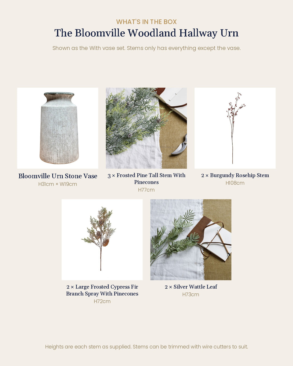 What's in the box for The Bloomville Woodland Hallway Urn: Bloomville Urn Stone Vase, 3 artificial frosted pine stems, 2 burgundy rosehip stems, 2 frosted cypress fir sprays and 2 silver wattle stems