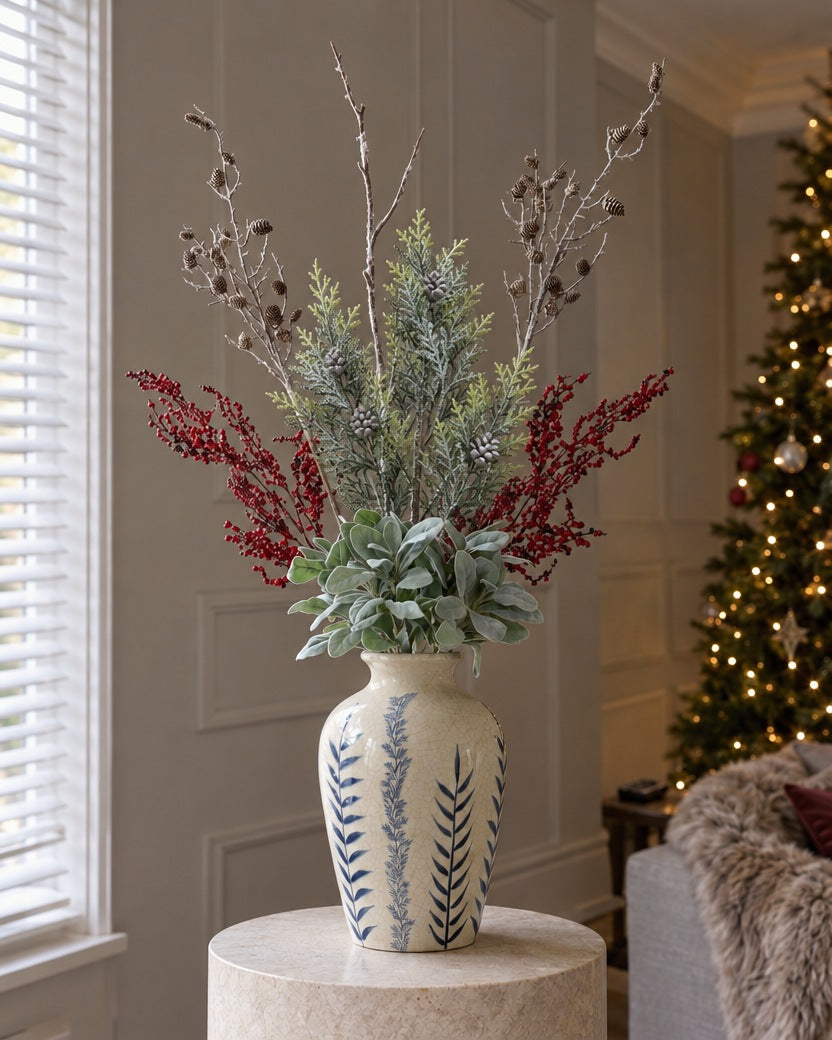 The Blue Flora Snowy Woodland Arrangement: artificial snowy woodland branches, frosted pine, red berry sprays and lambs ear in the Classic Blue Flora Juniper Vase, on a stone plinth in a Christmas living room