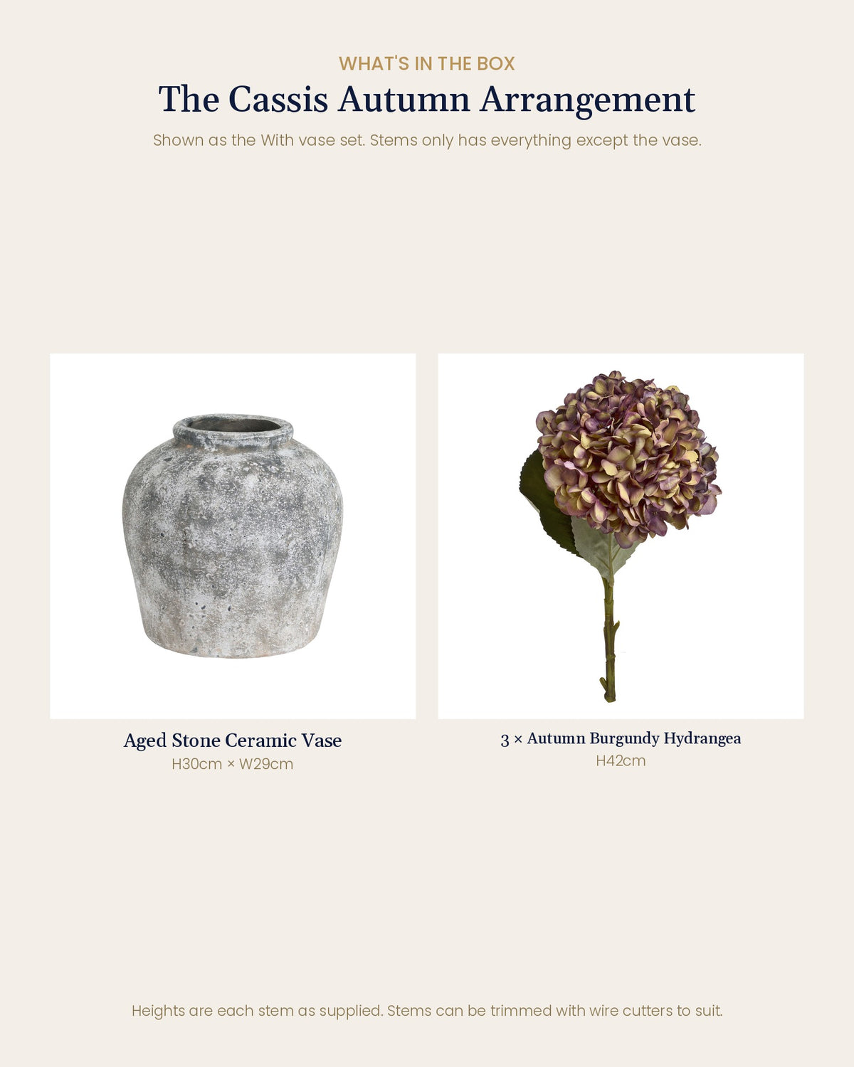 What's in the box for The Cassis Autumn Arrangement: each artificial stem and piece included, with sizes