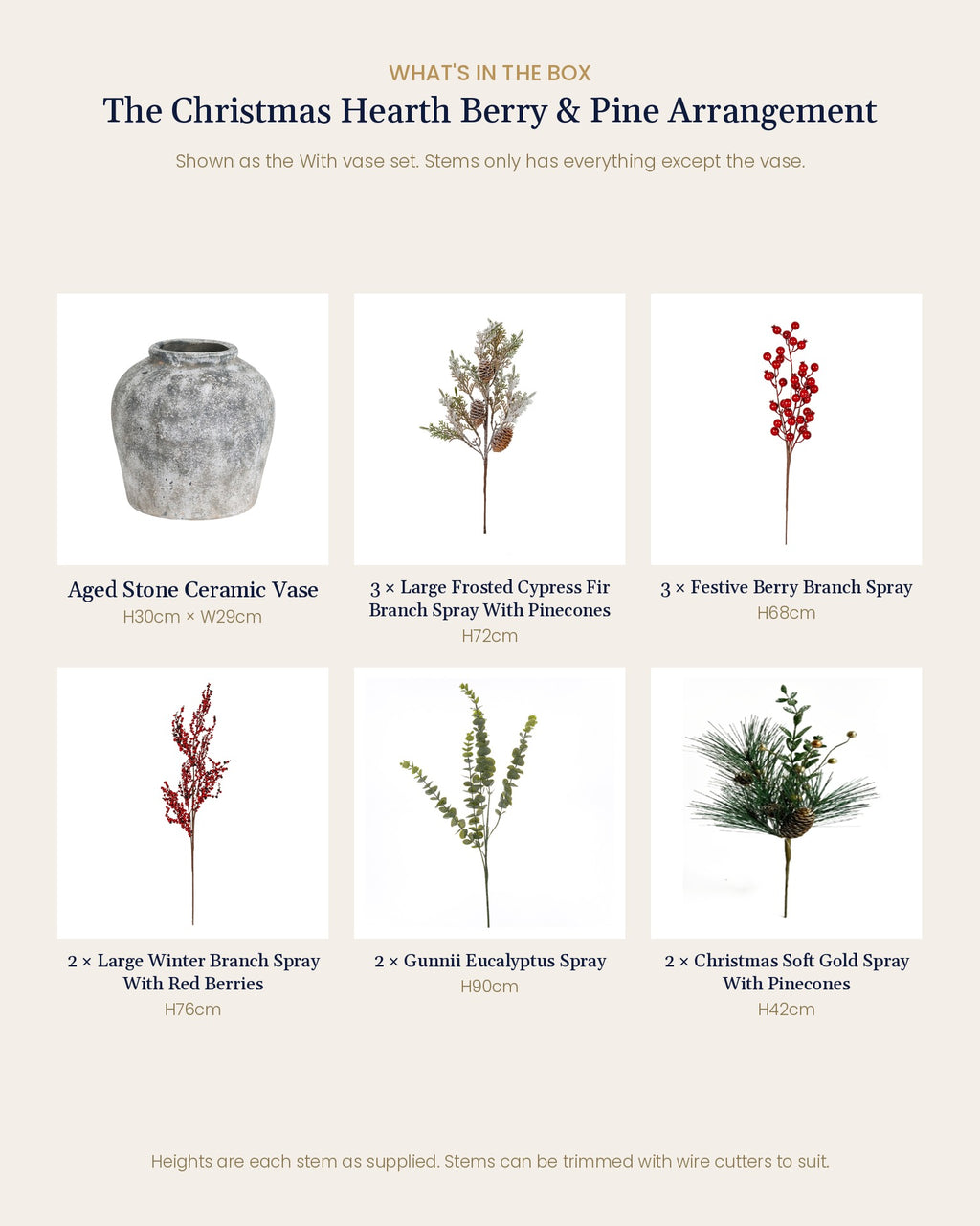 What's in the box for The Christmas Hearth Berry & Pine Arrangement: Aged Stone Ceramic Vase, 3 artificial frosted cypress fir sprays, 3 festive berry sprays, 2 red berry sprays, 2 eucalyptus sprays and 2 gold pine sprays