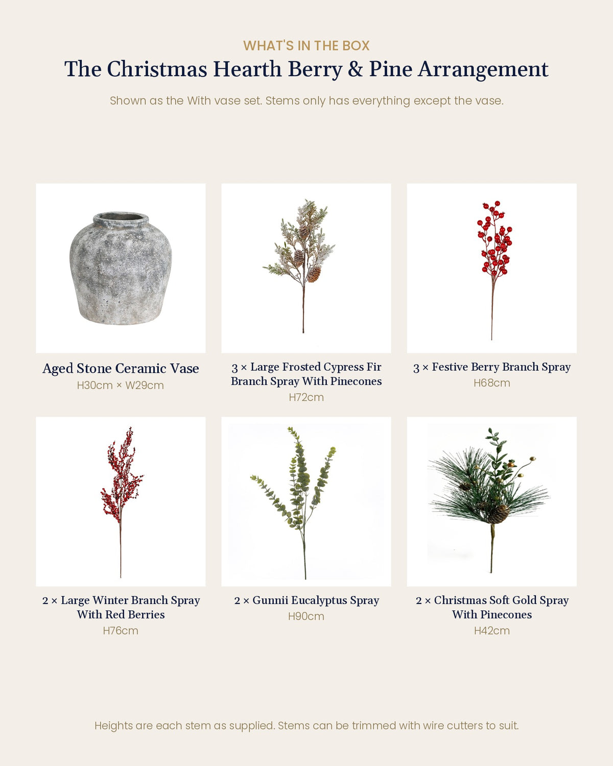 What's in the box for The Christmas Hearth Berry & Pine Arrangement: Aged Stone Ceramic Vase, 3 artificial frosted cypress fir sprays, 3 festive berry sprays, 2 red berry sprays, 2 eucalyptus sprays and 2 gold pine sprays