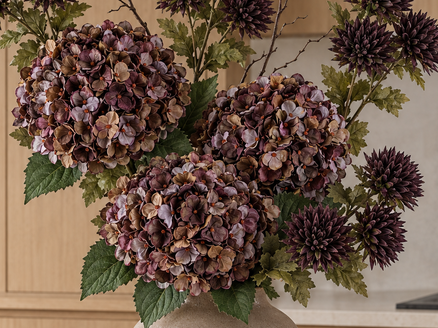 Close detail of the Cocoa Autumn Bouquet showing mottled hydrangea petals and dark pointed chrysanthemum petals