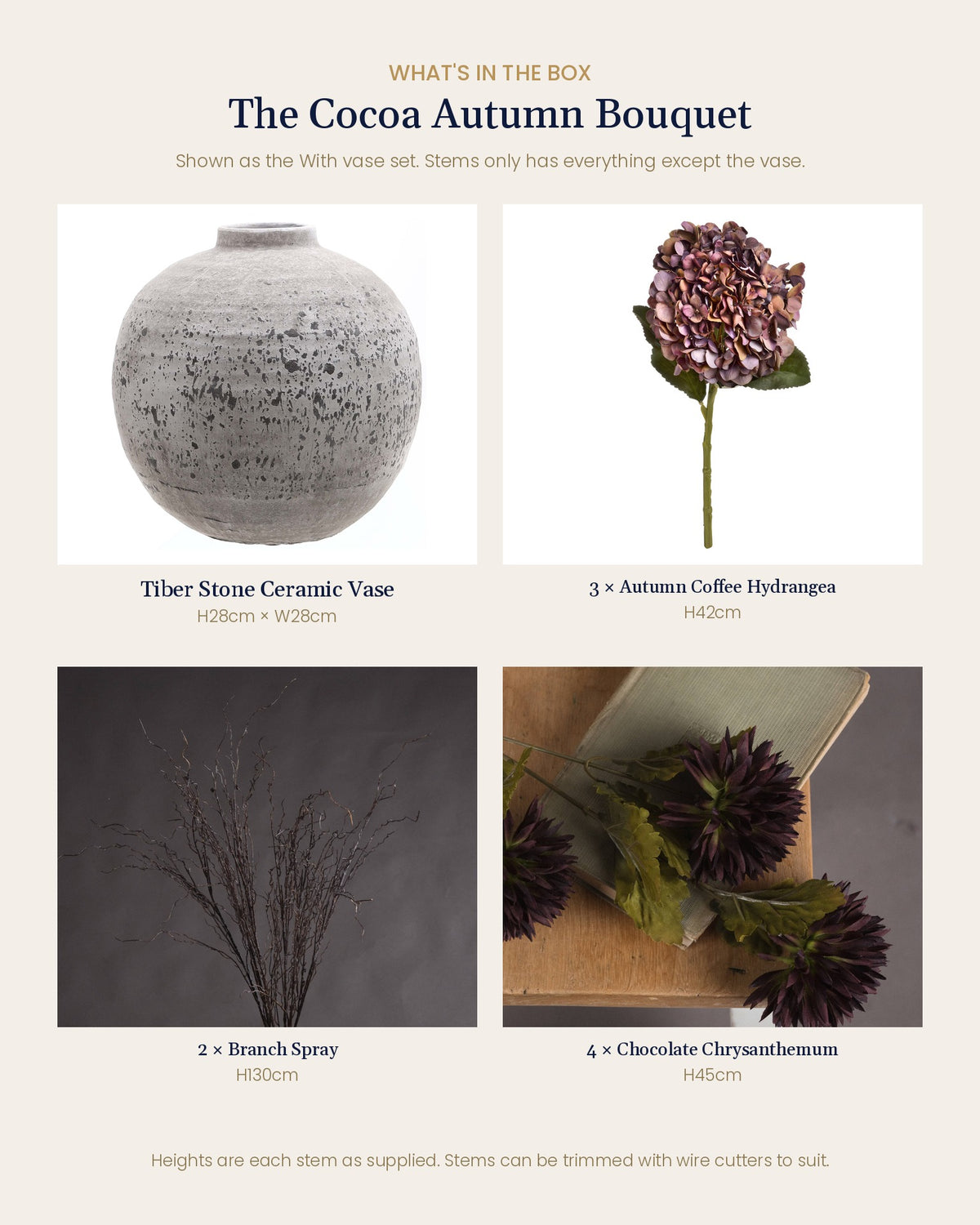 What's in the box for the Cocoa Autumn Bouquet: Tiber Stone Ceramic Vase (With vase option), 3 autumn coffee hydrangeas, 2 branch sprays and 4 chocolate chrysanthemums