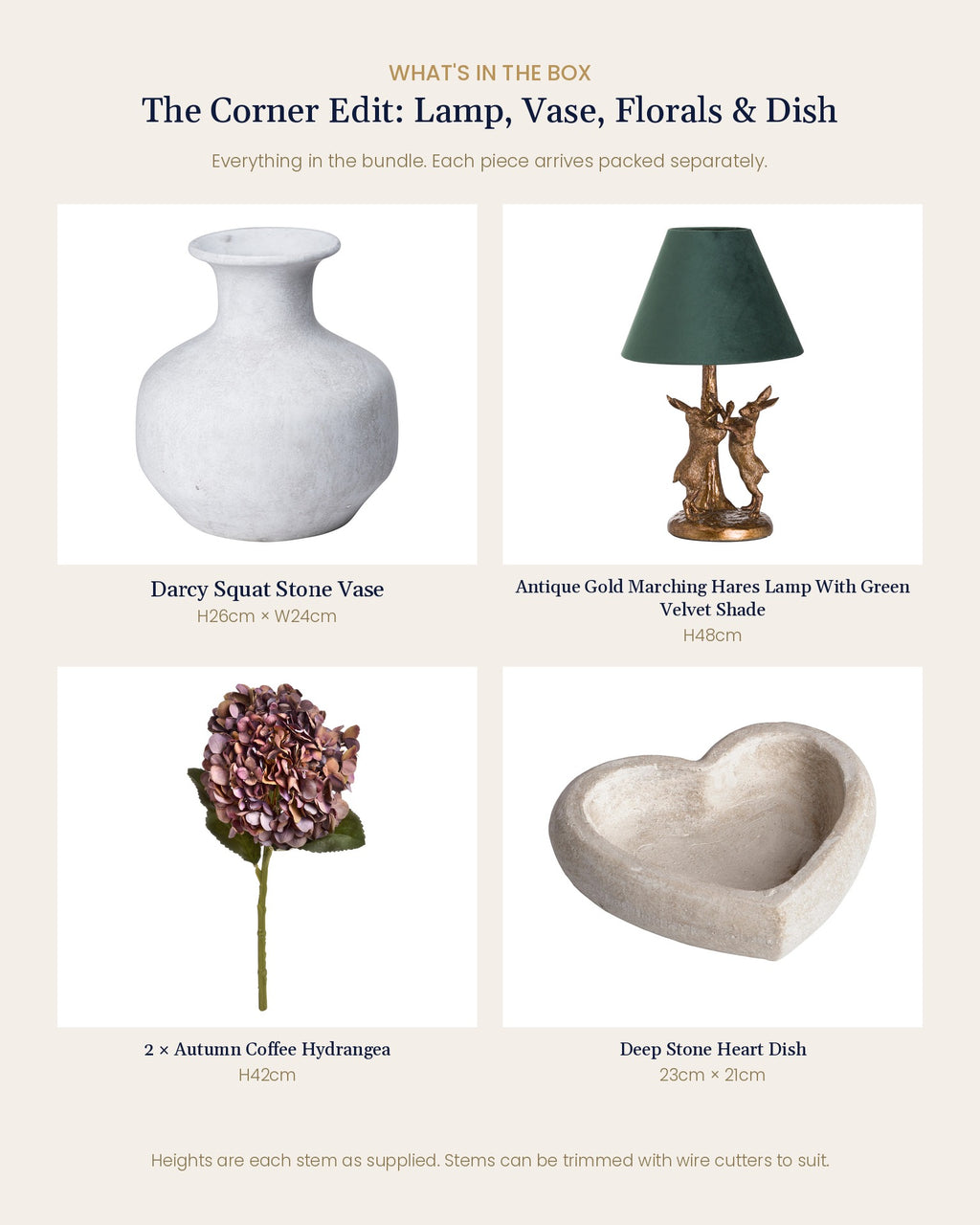 What's in the box for the Corner Edit: Darcy Squat Stone Vase, Antique Gold Marching Hares Lamp with green velvet shade, 2 autumn coffee hydrangeas and Deep Stone Heart Dish