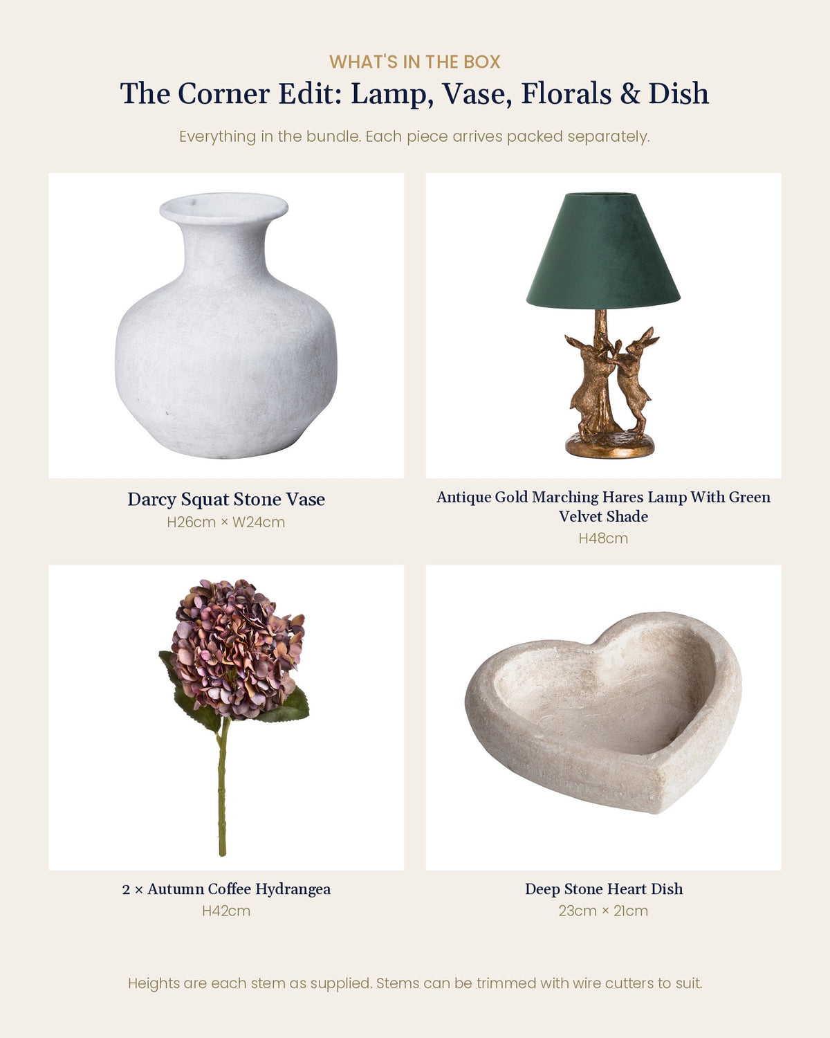 What's in the box for the Corner Edit: Darcy Squat Stone Vase, Antique Gold Marching Hares Lamp with green velvet shade, 2 autumn coffee hydrangeas and Deep Stone Heart Dish