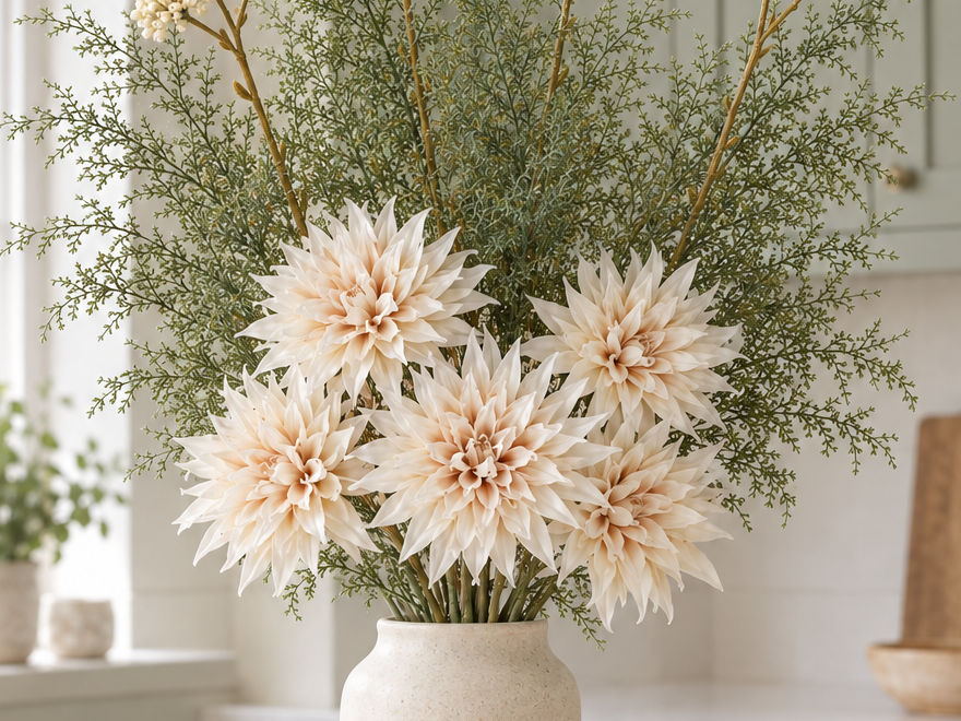 Close detail of the Café au Lait dahlias, cream allium clusters and fine fern in the Cotswold Cream Bouquet