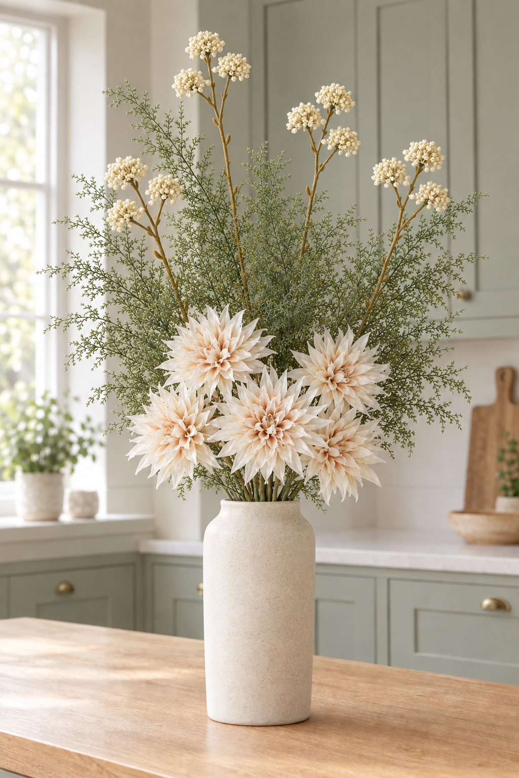 The Cotswold Cream Bouquet with five Café au Lait dahlia heads, four cream allium sprays and asparagus fern standing in a tall cream stone styling vase on a kitchen island; vase not included