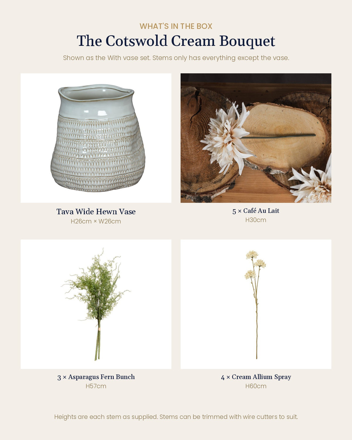 What's in the box for the Cotswold Cream Bouquet: Tava Wide Hewn Vase, 5 Café au Lait stems, 3 asparagus fern bunches and 4 cream allium sprays