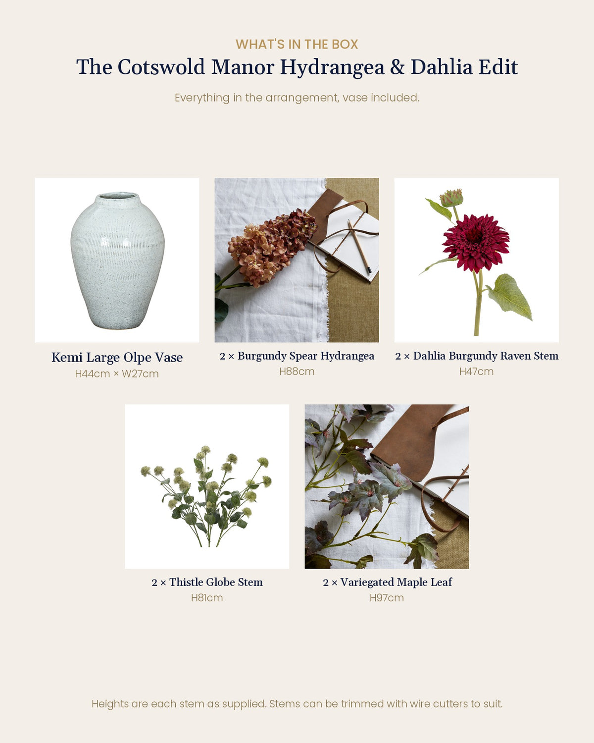 What's in the box for the Cotswold Manor Hydrangea & Dahlia Edit: Kemi Large Olpe Vase, 2 burgundy spear hydrangeas, 2 burgundy raven dahlias, 2 thistle globe stems and 2 variegated maple stems