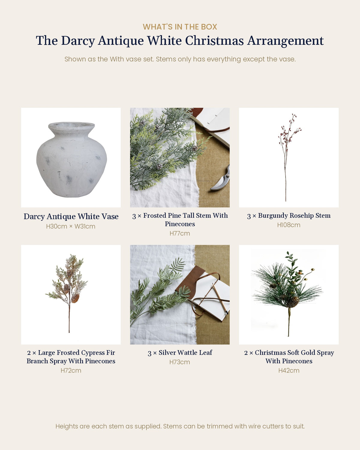 What's in the box for The Darcy Antique White Christmas Arrangement: each artificial stem and piece included, with sizes