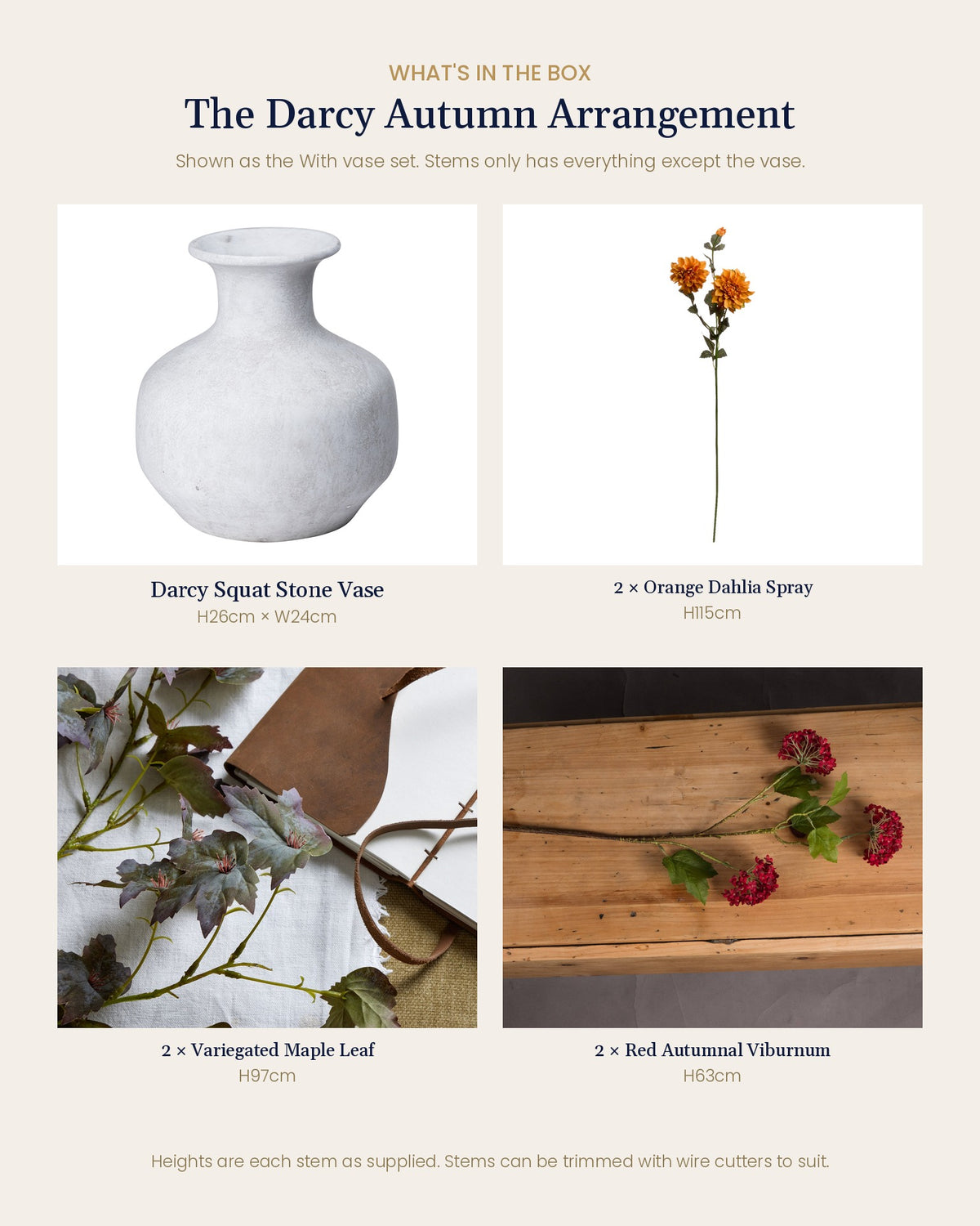 What's in the box for The Darcy Autumn Arrangement: each artificial stem and piece included, with sizes