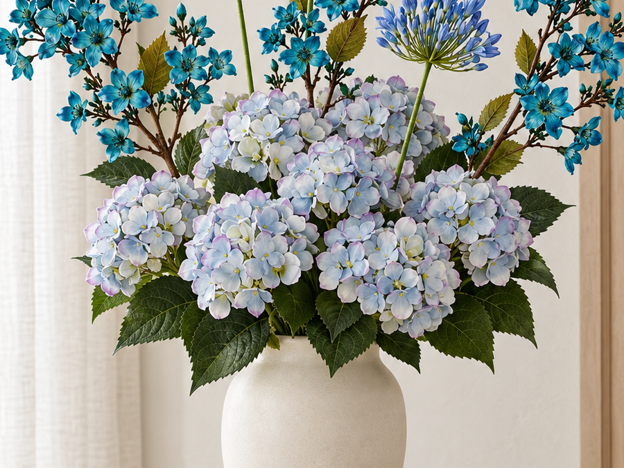 Close detail of pale blue hydrangea petals, blue agapanthus and turquoise-blue Vernicia flowers in the Delft Blue Bouquet