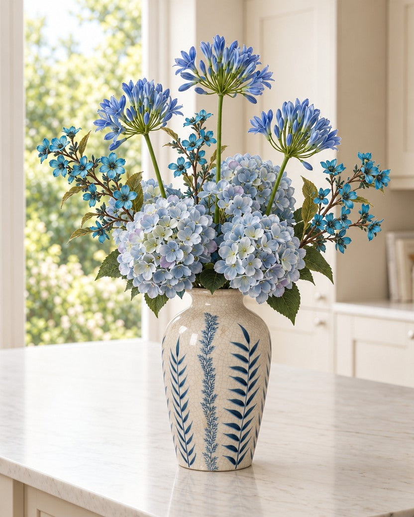 The Delft Blue Bouquet: artificial pale blue hydrangeas, three blue agapanthus and turquoise vernicia sprays in the hand-painted Classic Blue Flora Juniper Vase from the With vase option, on a marble kitchen island