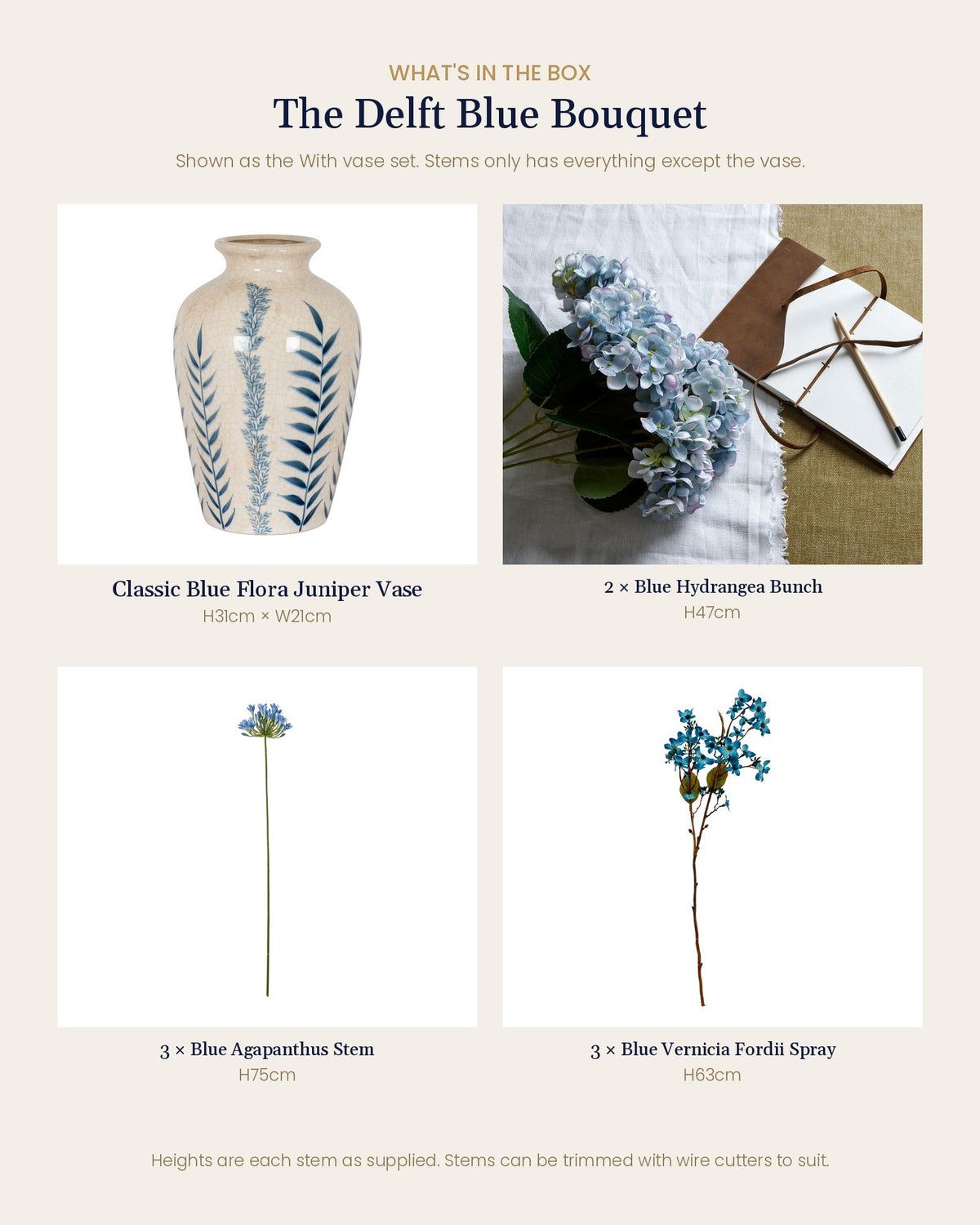What's in the box for the Delft Blue Bouquet: Classic Blue Flora Juniper Vase, 2 blue hydrangea bunches, 3 blue agapanthus stems and 3 blue vernicia fordii sprays