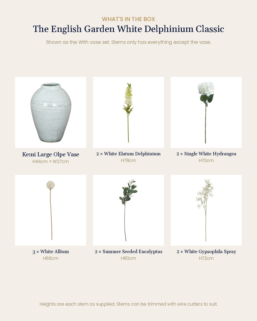 What's in the box for the English Garden White Delphinium Classic: Kemi Large Olpe Vase, 2 white delphiniums, 2 single white hydrangeas, 3 white alliums, 2 summer seeded eucalyptus and 2 white gypsophila sprays