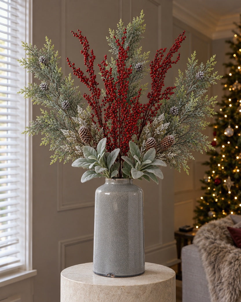 The Frosted Pine & Berry Christmas Bouquet in the grey Garda Liv vase from the With vase option: artificial frosted pine, red berry sprays, frosted cypress fir and lambs ear, on a stone plinth in a Christmas living room