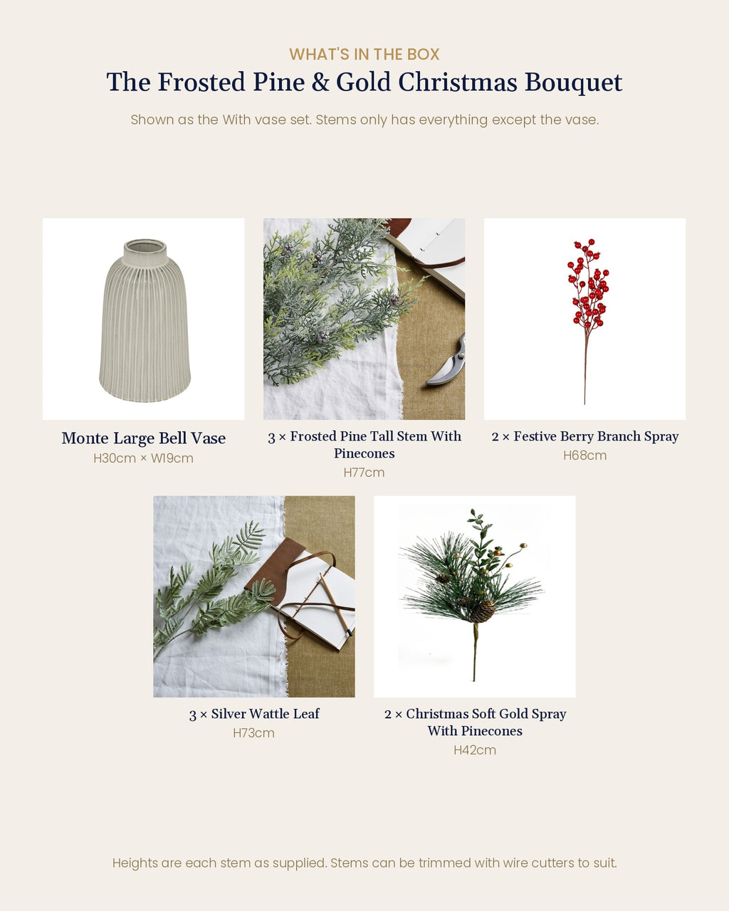 What's in the box for The Frosted Pine & Gold Christmas Bouquet: each artificial stem and piece included, with sizes