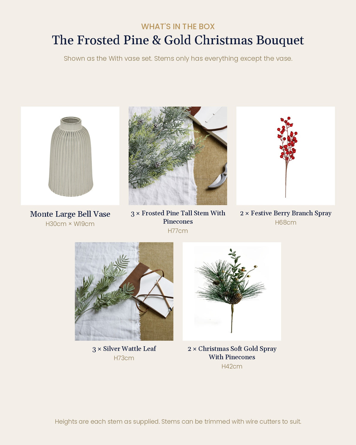 What's in the box for The Frosted Pine & Gold Christmas Bouquet: each artificial stem and piece included, with sizes