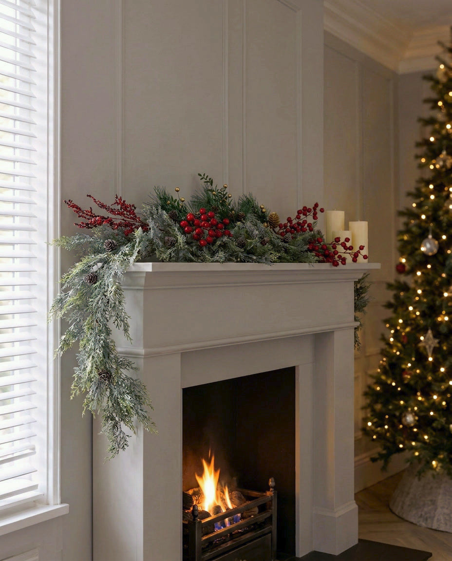 The Frosted Pine Mantel Garland Set draped along a pale grey mantel above a lit fire, with the artificial red berry and gold sprays tucked in along the garland
