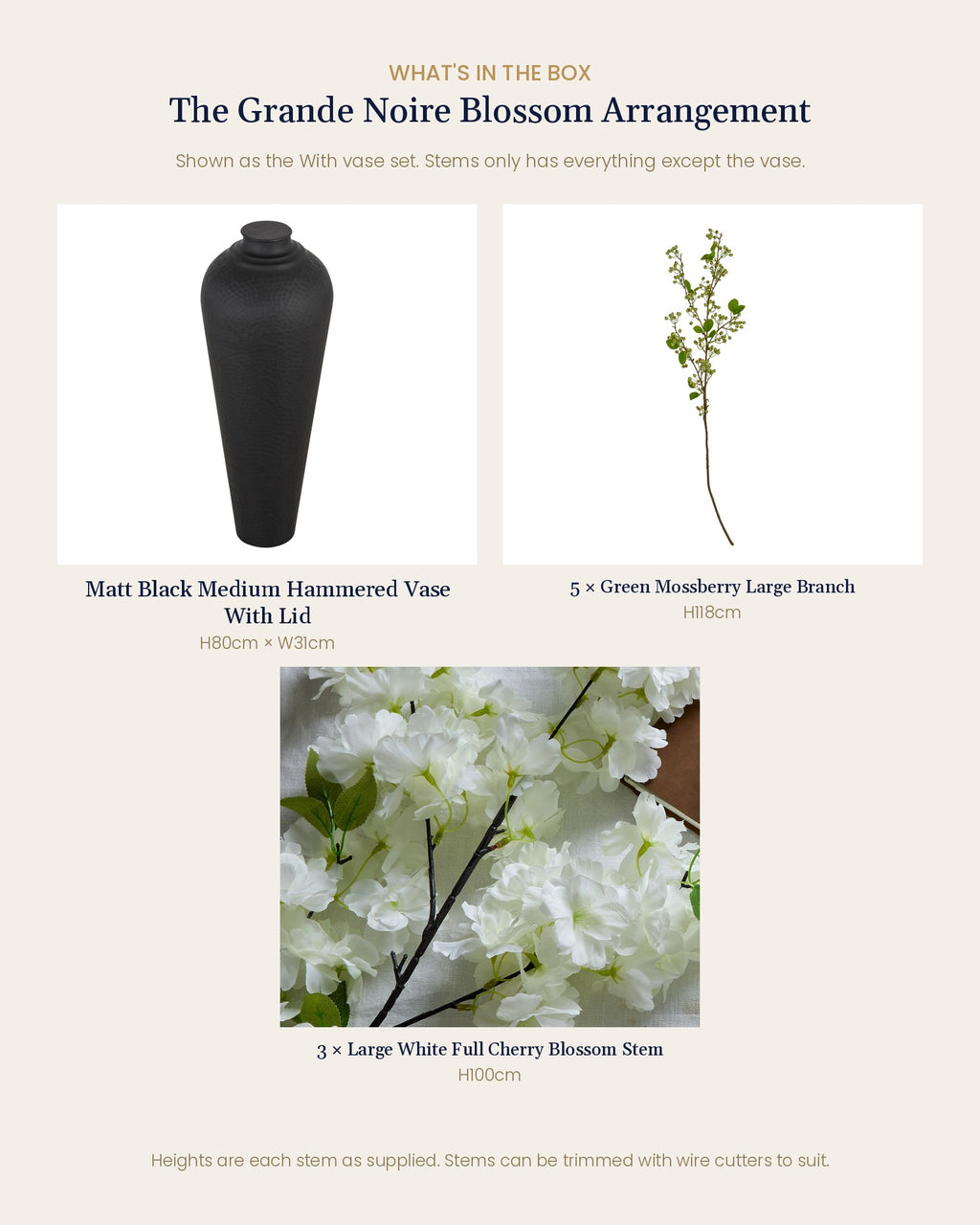What's in the box for The Grande Noire Blossom Arrangement: each artificial stem and piece included, with sizes
