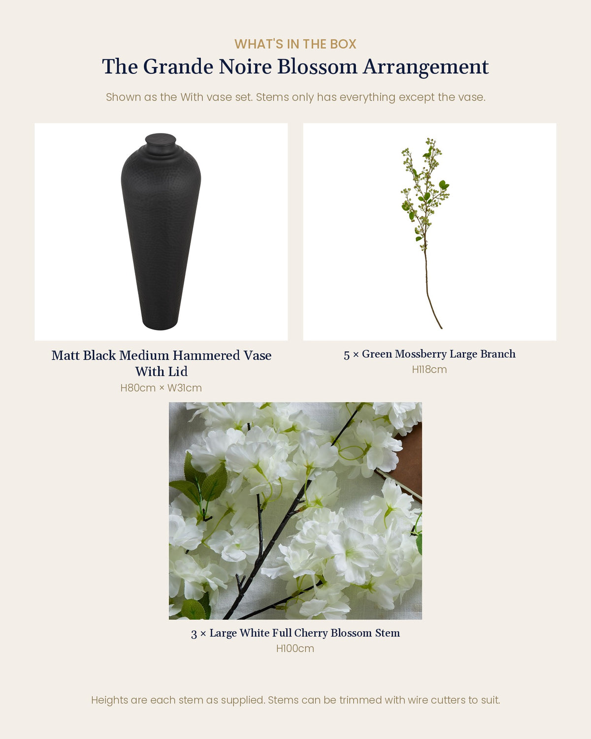What's in the box for The Grande Noire Blossom Arrangement: each artificial stem and piece included, with sizes