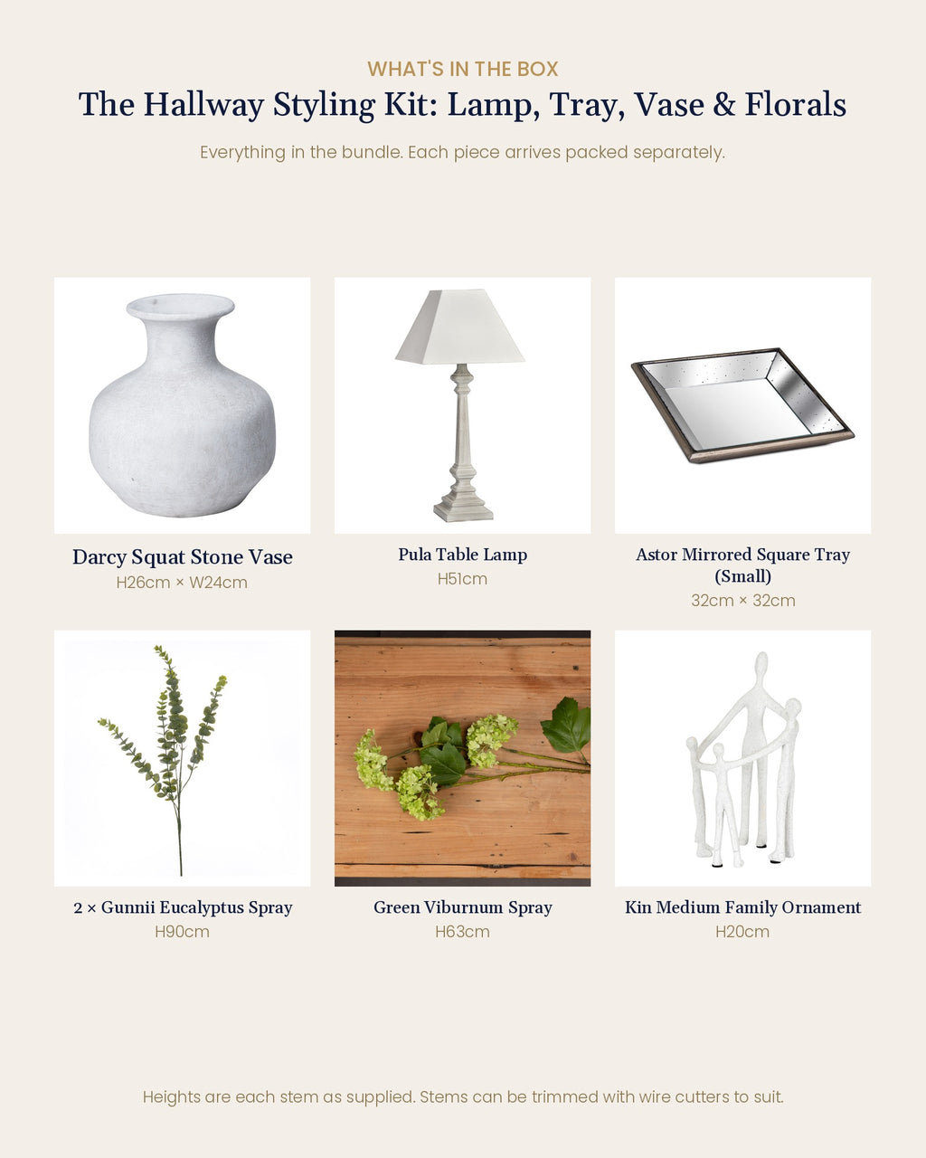 What's in the box for The Hallway Styling Kit: Lamp, Tray, Vase & Florals: each artificial stem and piece included, with sizes