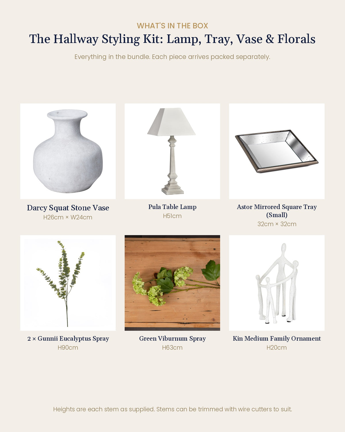 What's in the box for The Hallway Styling Kit: Lamp, Tray, Vase & Florals: each artificial stem and piece included, with sizes